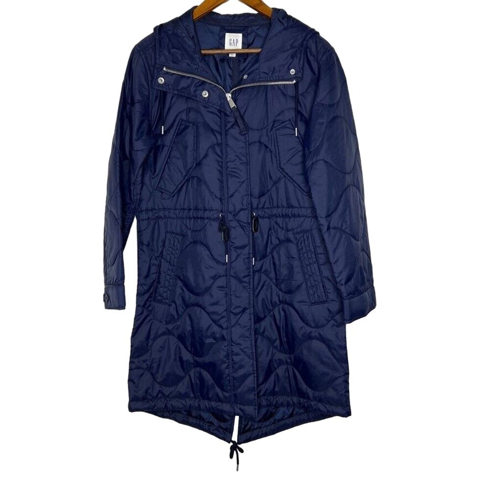 GAP Women's Small Navy Quilted Hooded Jacket Water-Resistant Drawstring Waist